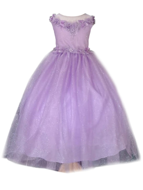 Big Girls Lilac Illusion Neckline Floral Applique Glitter Tulle Dress 8-16 - SophiasStyle.com